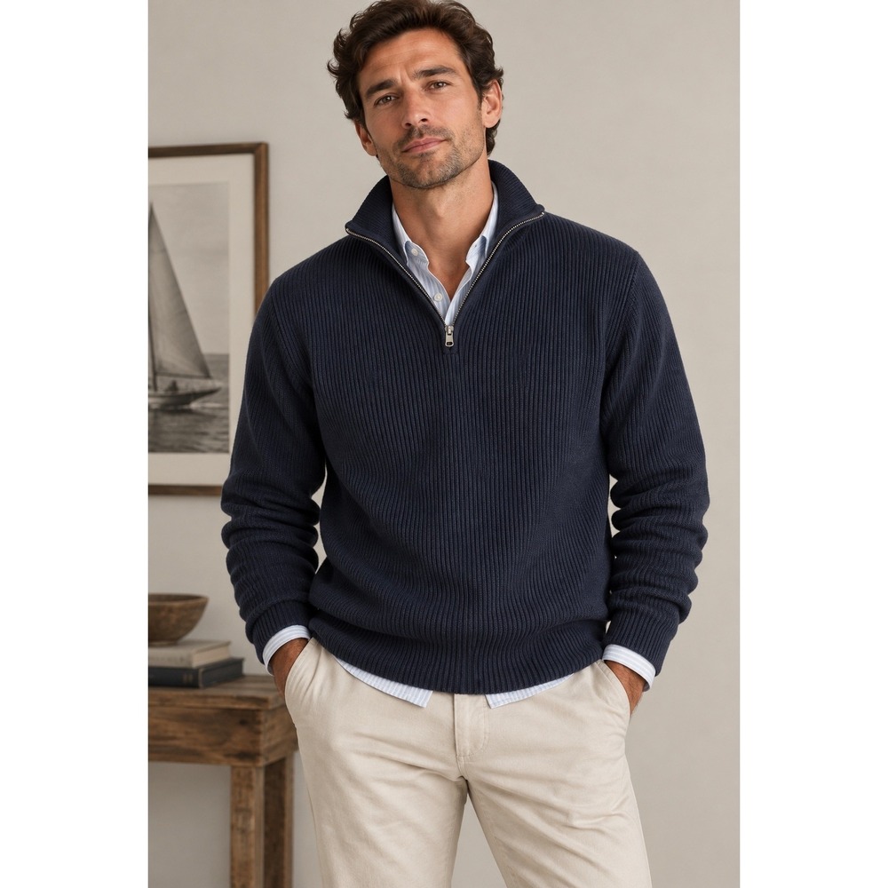J.Crew Navy Blue Ribbed Quarter Zip Cotton Pullover Heritage Preppy Sweater, M